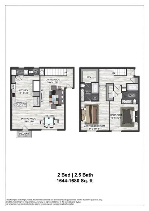 Floor plan for 2 beds, 2.5 baths, 1639 sqft